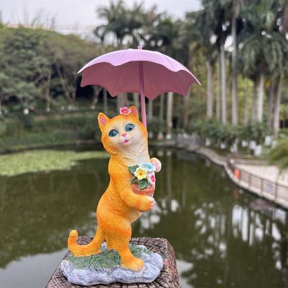 Yaoemei Cat Statue, Garden Kitty Cat Sculpture Holding Flower Pot with Umbrella, Outdoor Cat Home Decor for Yard Patio