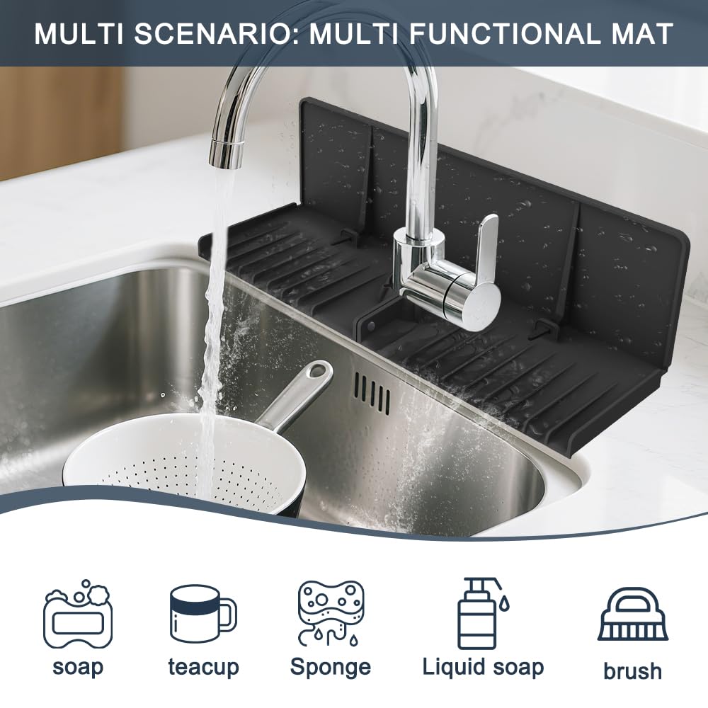 Silicone Faucet Drip Catcher Tray Mat - Upgraded Design - Sink Backsplash Guard Behind Faucet, Silicone Faucet Mat for Dish Soap Sponge Holder, Kitchen Counter Bathroom Kitchen Sink Splash Guard-Black