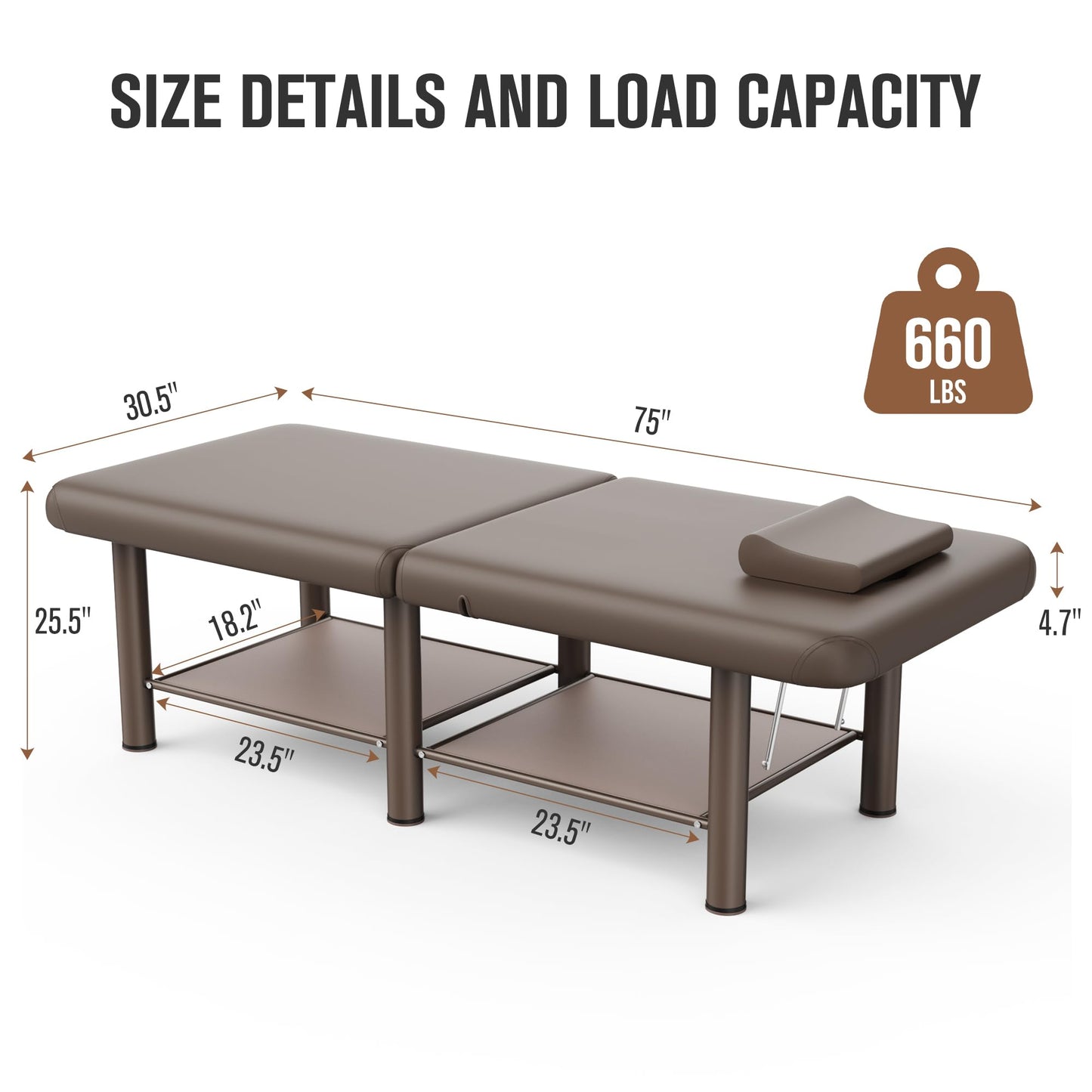 Folding Stationary Massage Table with Backrest and Storage Space for Treatment Table Physical Therapy Table Spa Facial Bed, 6 Round legs Metal Frame PU Leather, 30.5'' Wide × 75'' Long - Brown