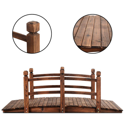 S AFSTAR Wooden Garden Bridge, 5FT Stain Finished Arch Footbridge with Safety Rails for Garden Patio Yard, Outdoor Pond Bridge & Wishing Well Planter Set