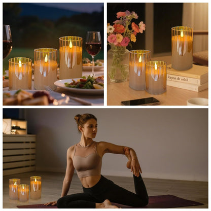 LEDHOLYT Rechargeable Flameless Candle, Flashing LED Pillar Real Wax Candle with Remote Control and Timer, Gold Stripes Glass Electronic Candles for Room Decoration, 1 Set of 3