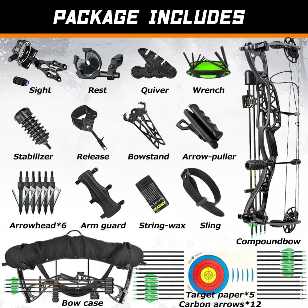 Surwolf Bow Composite Bow Set, 18" - 30" Drawing, 0.0-70 lbs, with All Accessories for Archery Hunting Target Shooting Practice RTH (Black)