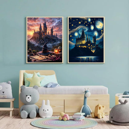 4 Pack Paint by Numbers for Adults with Framed Canvas - with Wooden Easel, Magic Castle Paint by Number on Canvas, Fantasy DIY Acrylic Oil Painting Kits with Brushes for Home Wall Decor 8x12 inch