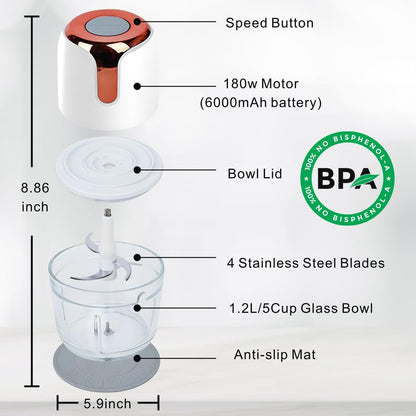 Sunfuny Mini Cordless Food Processor, Wireless 5-Cup Glass Bowl Chopper, 6000mAh Battery USB-C Rechargeable Vegetable