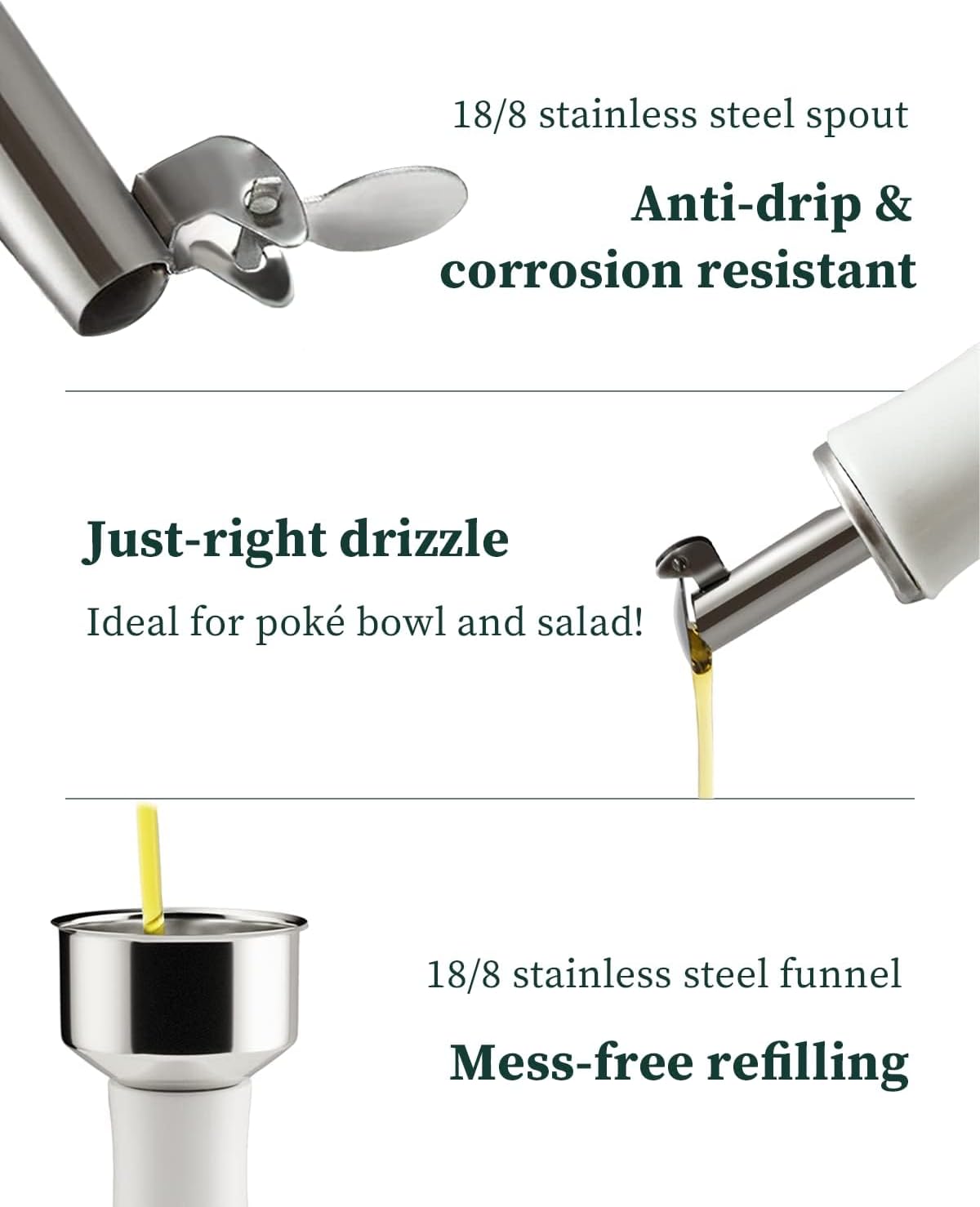 Set, 12 oz/350ml, 2 Pack, HOMBENE Ceramic Oil & Vinegar Dispenser Dripless Spout, Porcelain, Reusable, Cooking