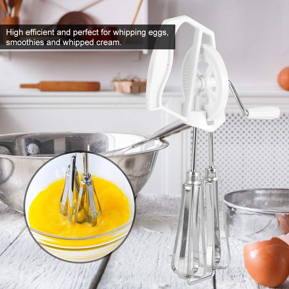 Egg Whisk, Manual Stainless Steel Hand Mixer with Double Wheel Design and Rotation Handle, White