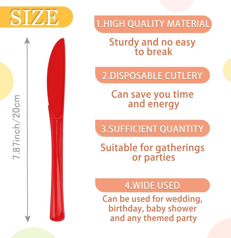 SietDESEO 25 PCS Red Plastic Knives Disposable Utensils Heavy Duty Red Knives Disposable Cutlery for Birthday Wedding Baby Shower Bridal Shower Plastic Silverware