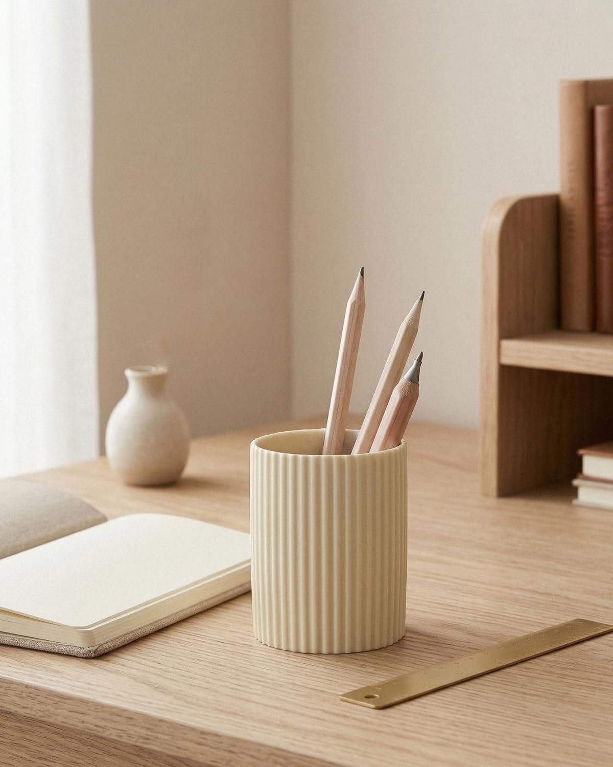 LezayXtra Ceramic Pen Holder for Desk, Ribbed Makeup Brush Organizer, Aesthetic Pencil Cup, Minimalist Desk Organizer, Office, Vanity, Aesthetic Desk Accessories