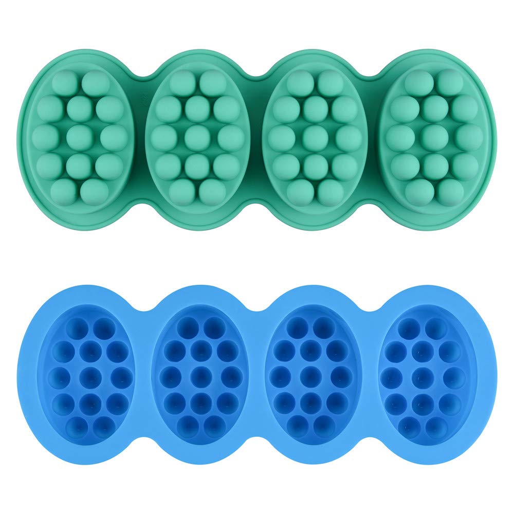 SJ Massage Soap Mold - 2 Pcs, 4 Cavities Silicone Soap Mold for Soap Making, Handmade Hair Brush Shampoo Bar Molds, Food Grade BPA Free(Blue and Green)