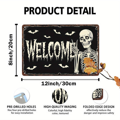 Welcome Skeleton Halloween Retro Metal Tin Sign Wall Art Decor for Front Door Home Farmhouse Halloween Party Indoor Outdoor 8x12 Inch