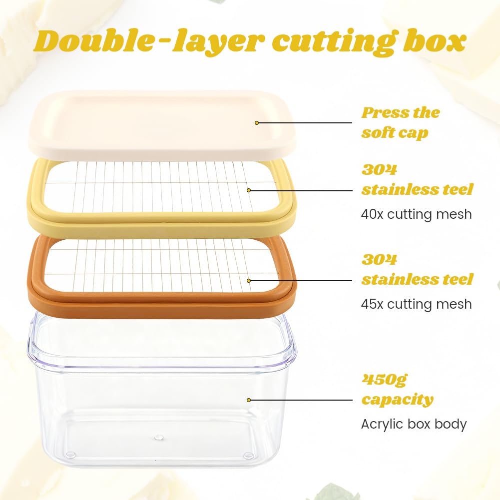 Butter Slicer Cutter Dish Keeper with Double Layer Stainless Steel Cutter Slicer, Airtight Butter Slicer Storage Case with Lid for Home Kitchen Fridge, Easy Cutting(SIZE:450g)