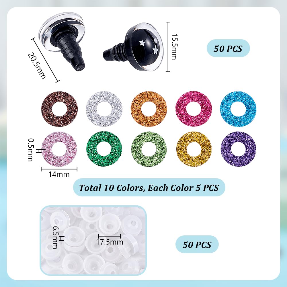 PH PandaHall 100pcs 20mm 3D Glitter Safety Eyes, 10 Colors Crochet Eyes Amigurumi Eyes with Eyelid Stuffed Animal Eyes Large Craft Eyes with Bowl Washers for Puppet Bear Teddy Bunny Crafts Making