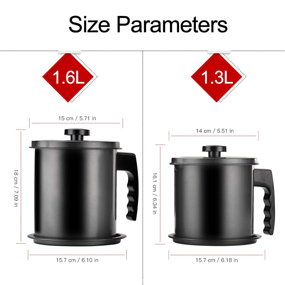 Cambom Bacon Grease Container with Fine Mesh Strainer, 1.6L almost 7 Full Cups Iron Cooking Oil Can with Removable a Coaster Tray for Kitchen Fat Storage Black
