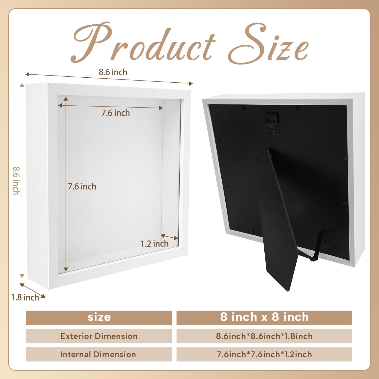 4 Pack 8"x 8" Shadow Boxes Frame Display Cases Wood Deep Shadowbox for Photos, Dried Flowers, Handicrafts Picture Frames for Wall Tabletop (White, 8x8)