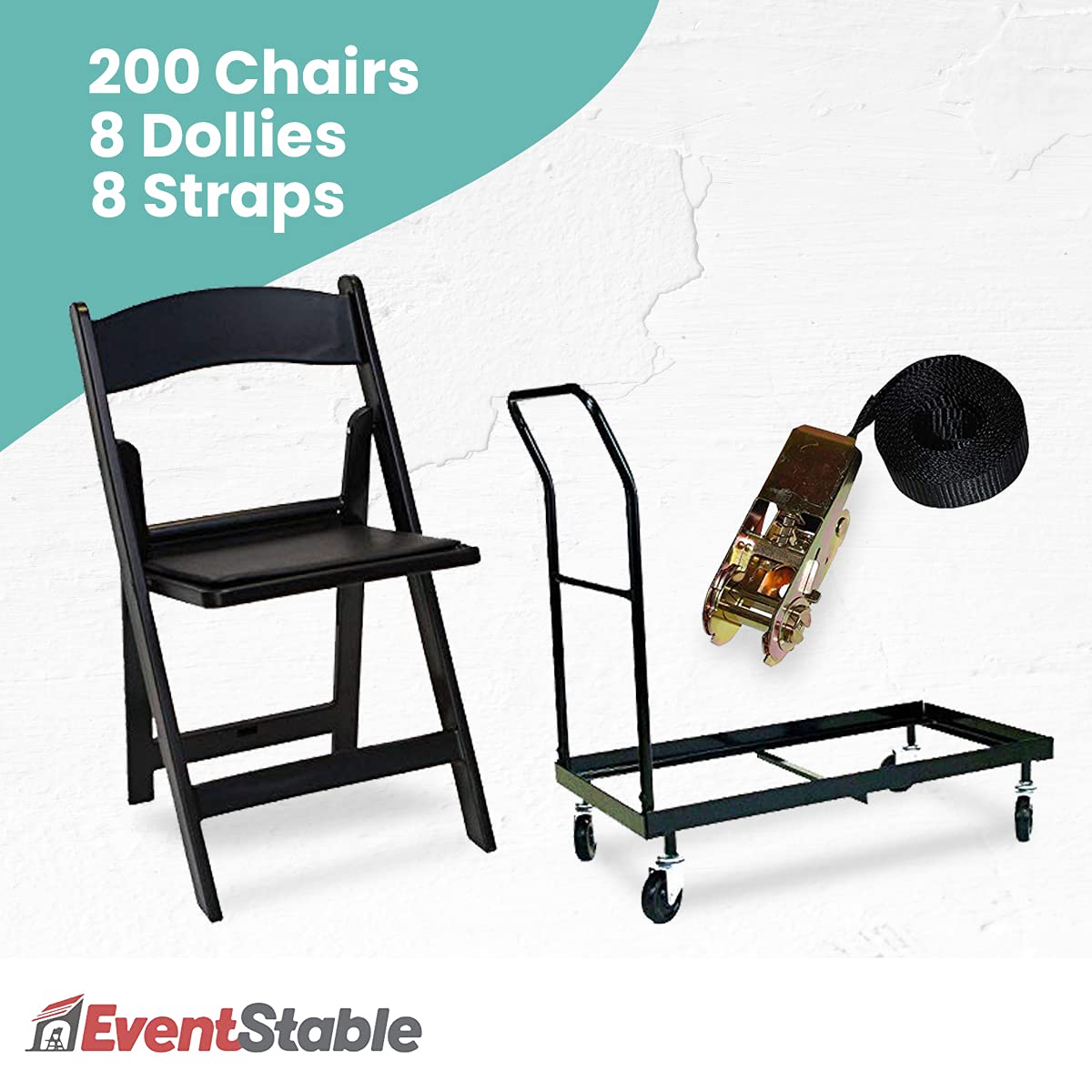 EventStable Titan Series 200 Resin Folding Chairs with 8 Dollies and 8 Straps Bundle - Black Indoor/Outdoor Lightweight Folding Chair - Padded Folding Chair for Weddings Parties Events