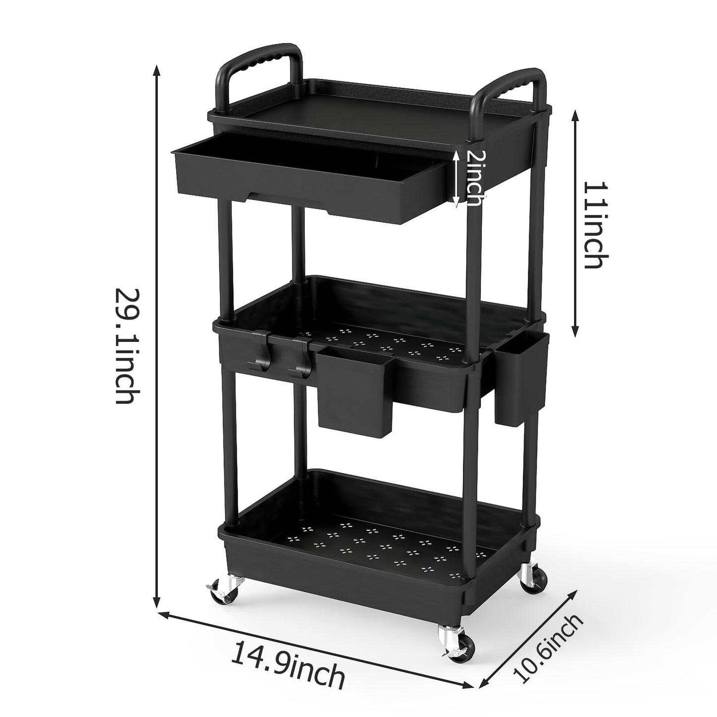 LLMRR 3 Tier Rolling Utility Cart with Drawer, Plastic Storage Organizer Rolling Carts with Wheels Handles Hanging Cups Hooks for Office, Bathroom, Kitchen,Craft Art Room (Black)
