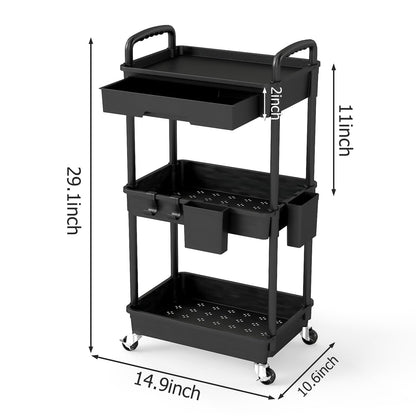 LLMRR 3 Tier Rolling Utility Cart with Drawer, Plastic Storage Organizer Rolling Carts with Wheels Handles Hanging Cups Hooks for Office, Bathroom, Kitchen,Craft Art Room (Black)