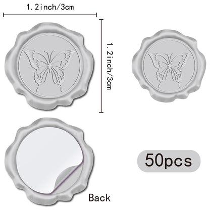 CRASPIRE 50pcs 1 Box Butterfly Wax Seal Stickers Silver Wedding Invitation Envelope Sealing Stickers Decoration Stickers Adhesive Envelope Decor for Christmas Gift Birthday Party Craft Scrapbook DIY