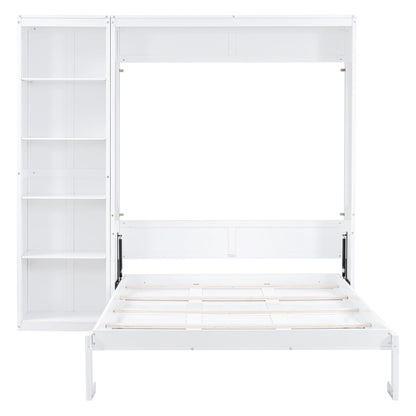 GDFStudio Veatch Wooden Frame Queen Size Bed, Queen Size Murphy Bed with Shelves, Folding Wall Beds with 5 Storage Cabinets, Space Saving, Folded into Cabinet for Guest Room Living Bedroom, White