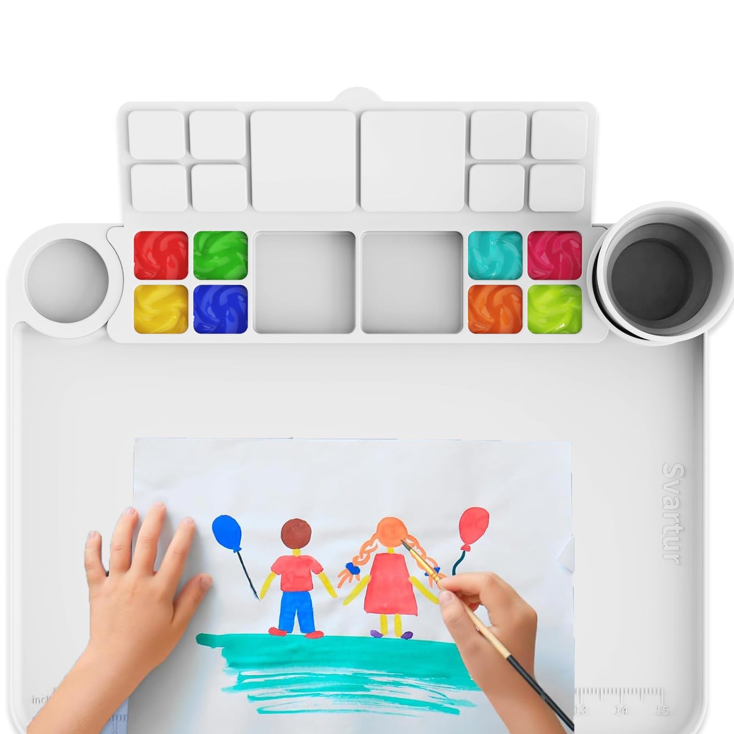 Svartur Silicone Painting Mat with Cup and Palette Removable, 17"X13" Thick Silicone Art Mat for Craft with Raised Edge for Resin DIY Making, White
