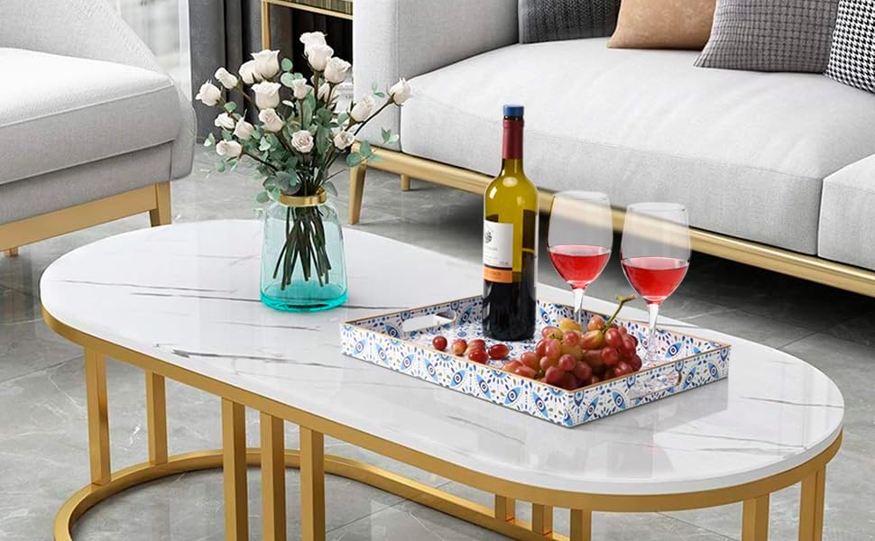 15.7" 11.8" 1.57" Evil Eye Rectangular Serving Tray with Handles Plastic Decorative Trays for Coffee Table for Ottoman