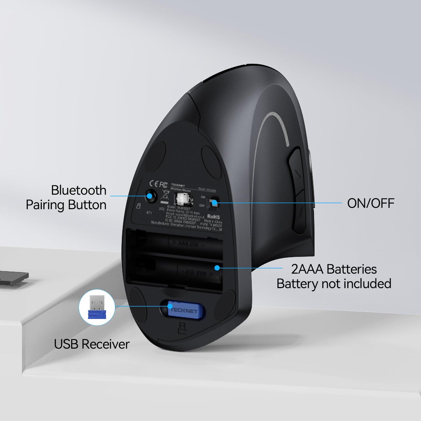 TECKNET Ergonomic Mouse, Wireless Bluetooth Vertical Mouse, 4800 DPI Optical Tracking, 6 Adjustable DPI, Quiet Clicks, 2.4GHz with USB A Receiver, 12 Months Battery, 6 Buttons, Wide Compatibility