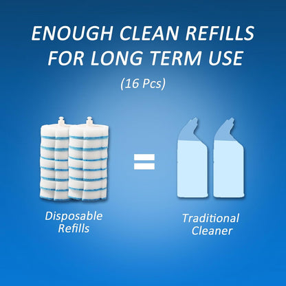 Disposable Toilet Brush and Holder Set with 16 Refills, Long Handle Wand, Compact Bathroom Scrubber, White