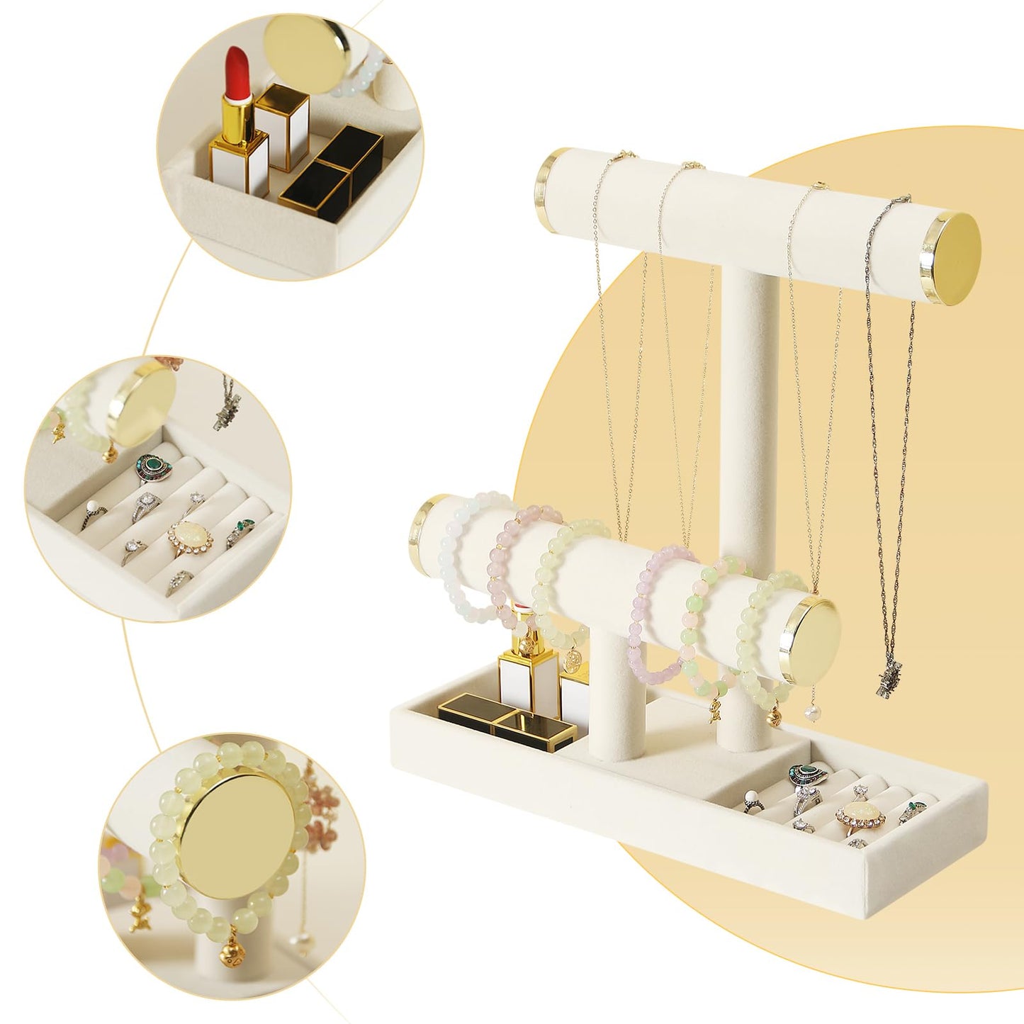 Pangkeep Jewelry Holder Stand,2 Tier Necklace Bracelet Organizer with Tray,Jewelry Displays for Selling Bangles Scrunchie Hair ties Watches and Chains (Beige)