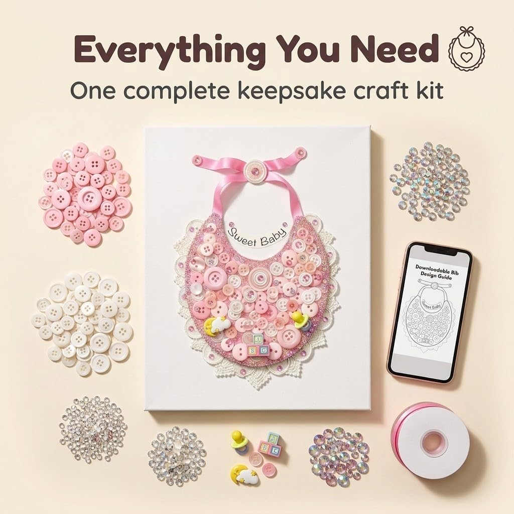 DIY Baby Bib Button Art Canvas Kit – Sweet Baby Nursery Craft Kit with Buttons, Gems & Ribbon – 8x10 Canvas Wall Decor