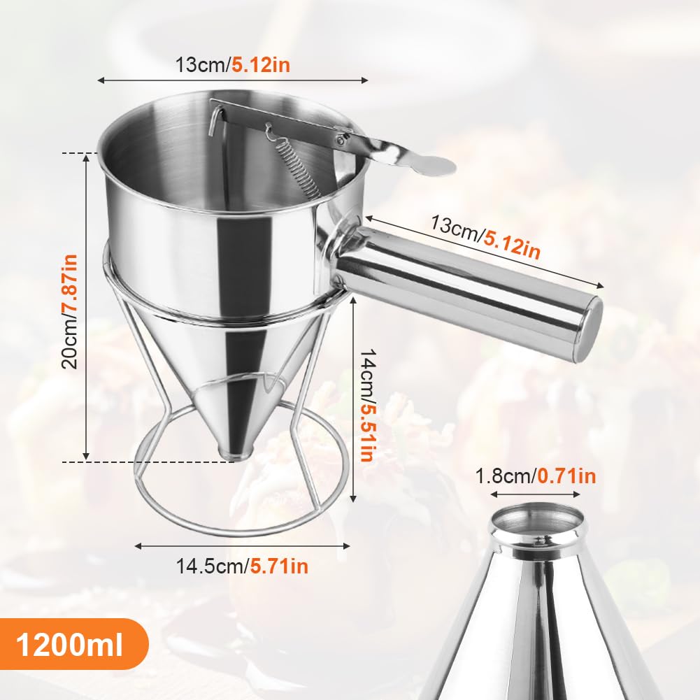 Cake Batter Dispenser, Stainless Steel Funnel Cake Dispenser with 4 Silicone Nozzles with Stand Baking Tool for Pancakes Cupcakes Muffins Crepes Waffles(40oz,1200ml)