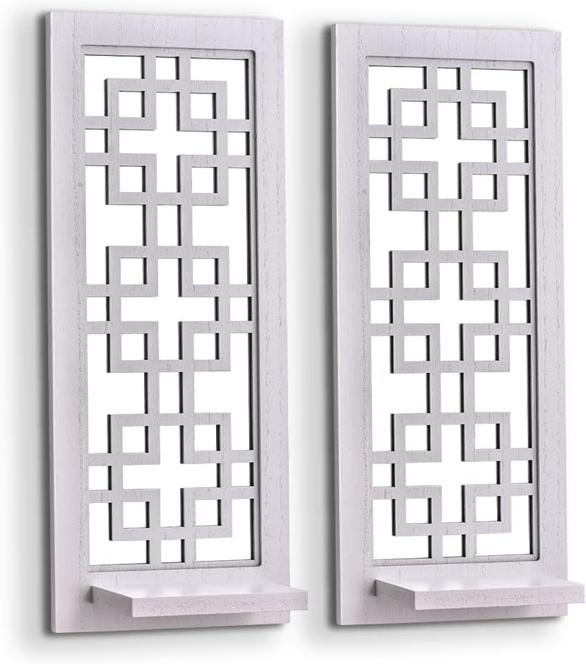 Aeveco Set 2, Wall Mirrored Candle Sconces of Decorative Wooden Candle Holder, Rustic Candle Sconce, White Living Room
