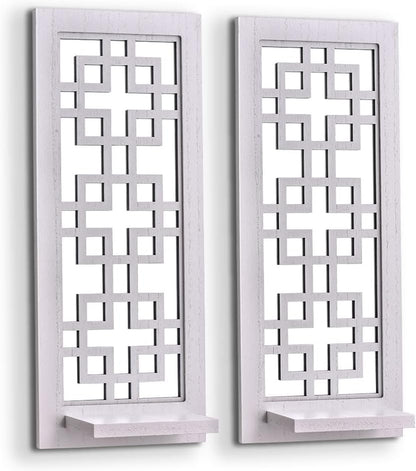 Aeveco Set 2, Wall Mirrored Candle Sconces of Decorative Wooden Candle Holder, Rustic Candle Sconce, White Living Room