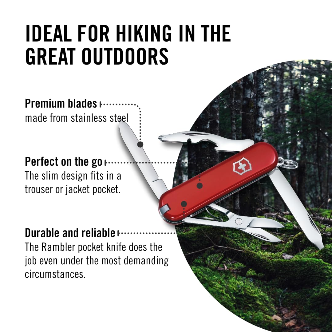 Victorinox Rambler Swiss Army Knife, Compact, 10 Functions, Swiss Made Pocket Knife with Magnetic Phillips Screwdriver, Scissors and Tweezers - Red