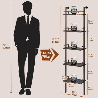 YMYNY 5-Tier Freestanding Wine Racks，Liquor Bottle Display Shelf with Fences, Wall Mounted Floating Shelf Storage Stand for Kitchen, Dining Room, 16.93" L x 7.87" W x 69.68" H Black UHWR001B