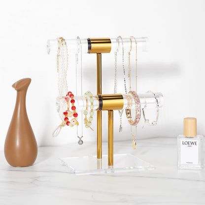 Jolboldy Necklace Holder Bracelet Holder, 2-Tier Acrylic Jewelry Display Stand Gold Jewelry Tower Stand Crystal T Bar Jewelry Organizer Gift for Women(2-Tier 1pc)