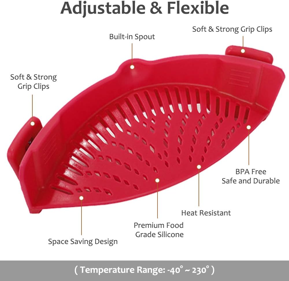YEVIOR Clip-On Strainer for Pots and Pans, Hands-Free Silicone Food Strainer for Spaghetti, Fits All Bowls and Pots