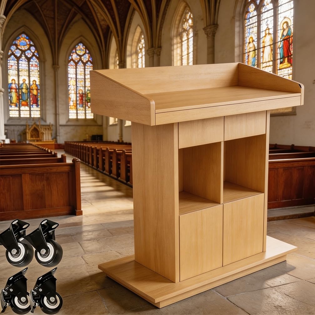 XIHAADOY Wood Podium, Podium Stand Portable with Wheels, Mobile Rolling Church Pulpits, Office Wooden Reception Desk, Lectern for Classrooms,Natural