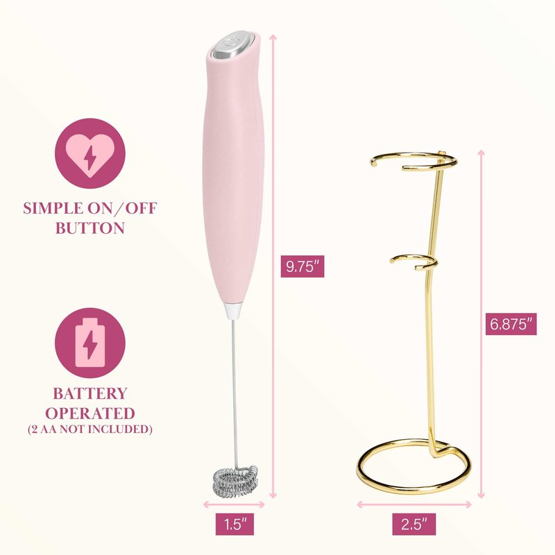 Paris Hilton Electric Handheld Milk Frother with Double Coil Head Whisk and Gold Metal Stand, Battery Powered (2 AA Batteries Required but Not Included), Pink