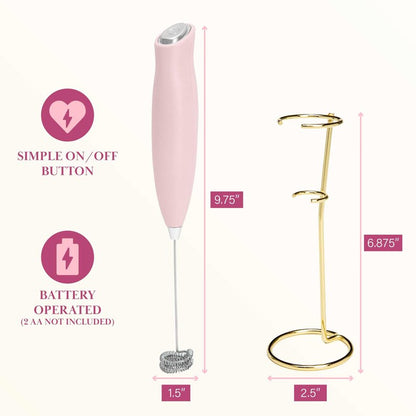 Paris Hilton Electric Handheld Milk Frother with Double Coil Head Whisk and Gold Metal Stand, Battery Powered (2 AA Batteries Required but Not Included), Pink