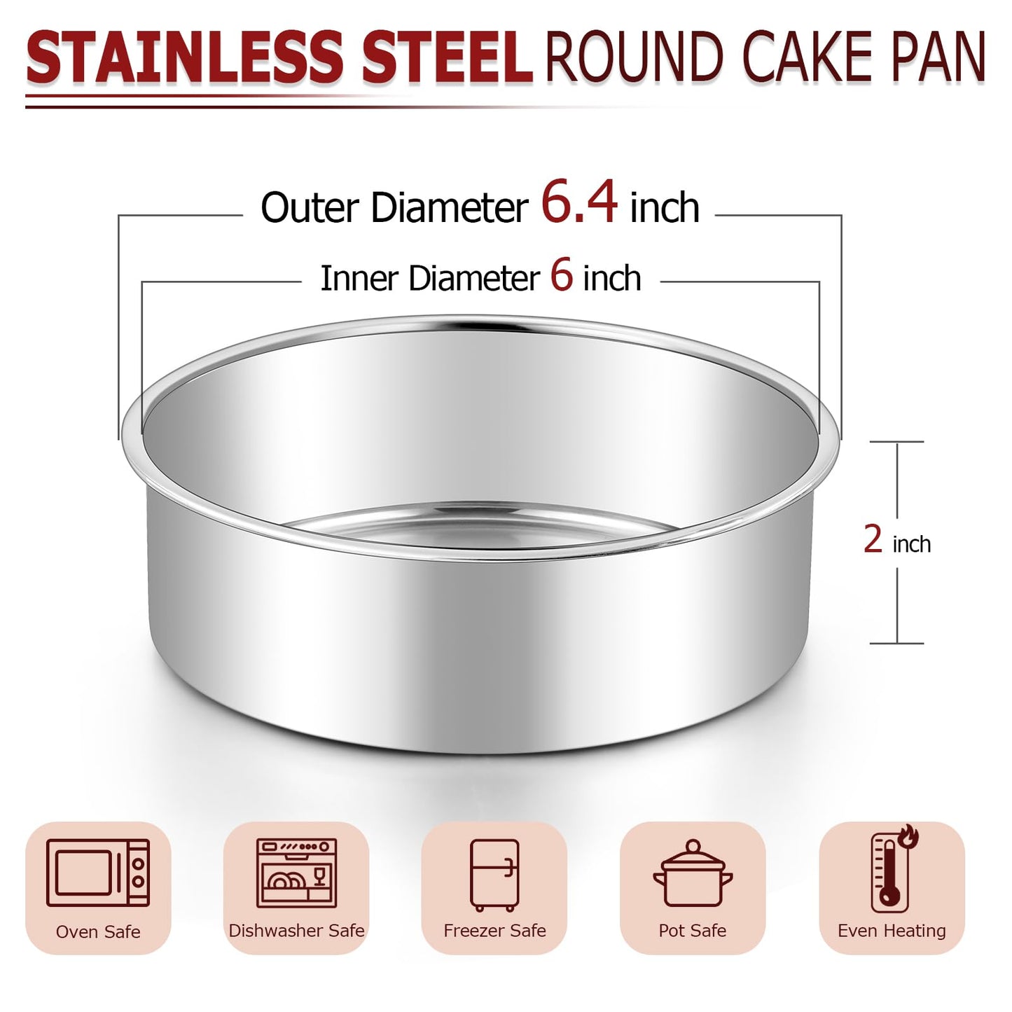 LIANYU 6 Inch Round Cake Pan, Stainless Steel Baking Layer Cake Pan Tin, Heavy Duty Metal Round Tier Baking Tins, 2In Tall, Oven & Dishwasher Safe