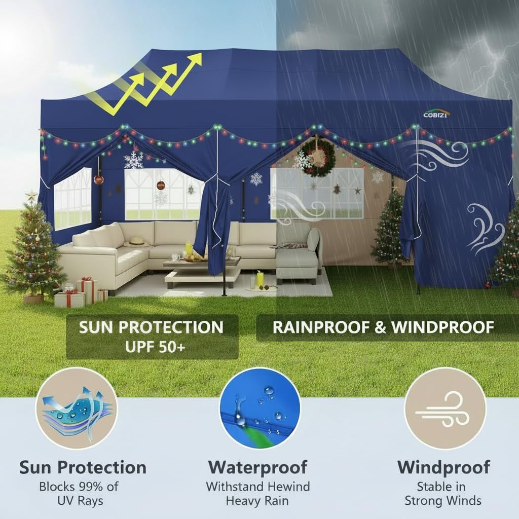 COBIZI 10x30 Pop up Canopy Heavy Duty with 8 Sidewalls,Easy Set-up Commercial Outdoor Party, Foldable UPF 50+ Waterproof Commercial Easy up Canopy with Wheeled Bag, Dark Blue