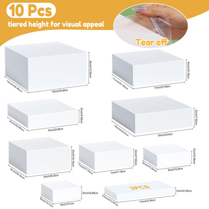 10 Pcs Large Acrylic Buffet Risers, White Food Display Stands for Buffet, Dessert Table, Jewelry, and Catering, Stackable Food Risers with Hollow Bottoms, Nesting Cube Box (12"-11"-10"-9"-8"-7"-6"-5")