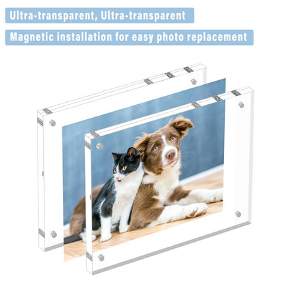 HELPLEX 2 Pack 8x8 Acrylic Picture Frames, 24mm Thicker Square Frameless Clear Frame Double Sided Magnetic Frame, Free Standing Desktop Display Stand Acrylic Frames