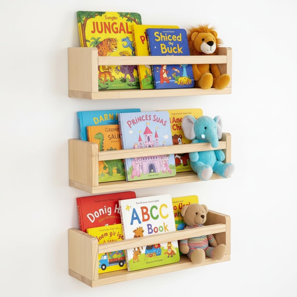 16 Inch-Small AZSKY Floating Nursery Book Shelves-Natural Wood Bookshelf for Kids Room Bookshelf Wall Mounted for Baby