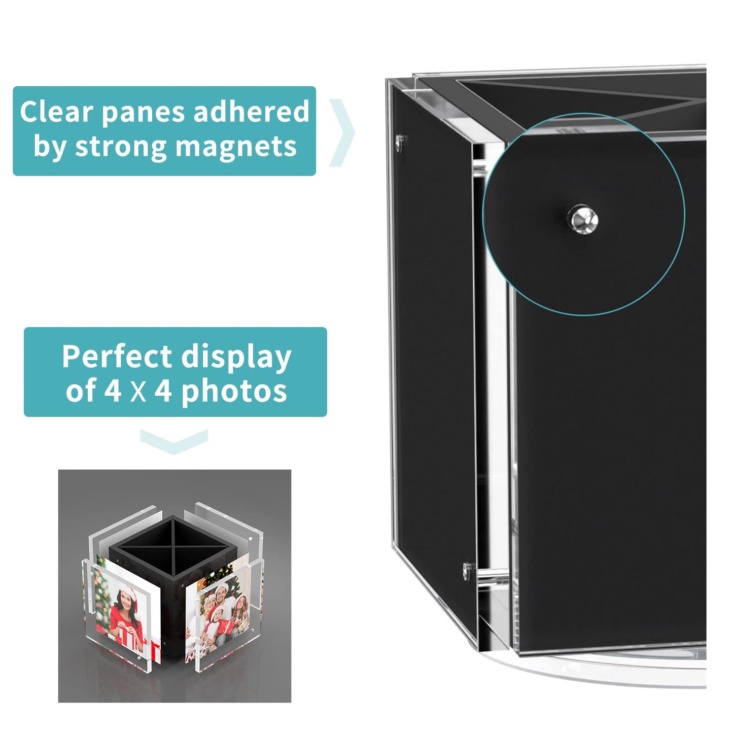 HIIMIEI Acrylic Picture Frames for Desk, 4-side Magnetic Photo Cube Pen Holder 4"x 4", 360° Rotating Desktop Organizer for Pencil, Makeup Brushes, Home, Office (Black)