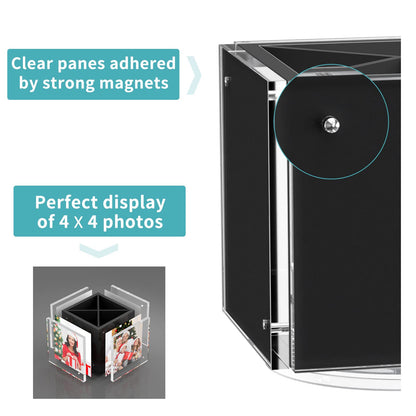 HIIMIEI Acrylic Picture Frames for Desk, 4-side Magnetic Photo Cube Pen Holder 4"x 4", 360° Rotating Desktop Organizer for Pencil, Makeup Brushes, Home, Office (Black)