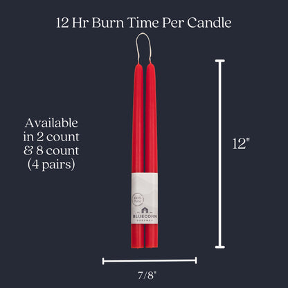 Bluecorn Beeswax Taper Candles, 100% Pure Natural Bees Wax, Pair of 12 Inch Red Tapered Candlesticks, Clean Burning & Dripless, Fragrance Free, Long Lasting, Home Decor, American Made, 1 Count
