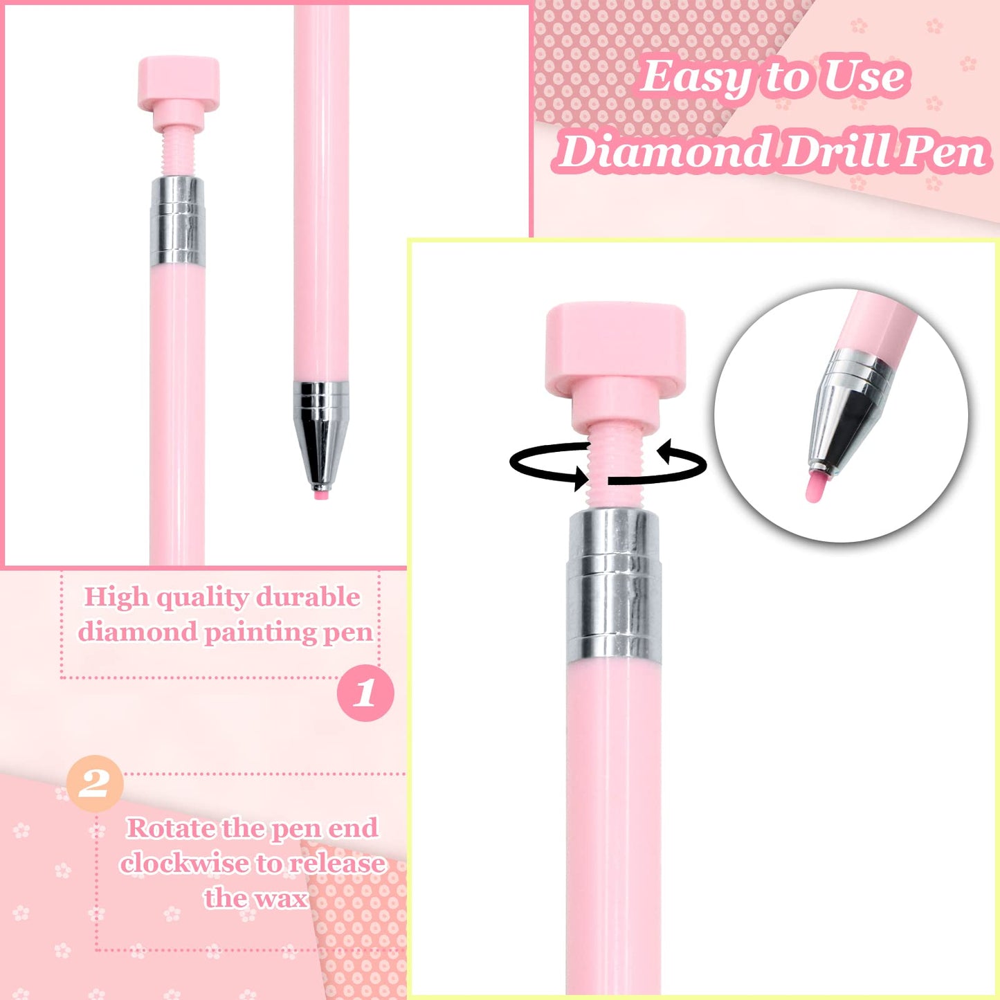 ZYNERY 21 Pcs Diamond Painting Pens Kit, 1 Pcs Refillable Wax Pen with 20 Pcs Wax, Rotating Glue Point Drill Pen for Nail Art, Diamond Art Accessories and Tools, Quickly Pick Up Beads Gems (Pink)