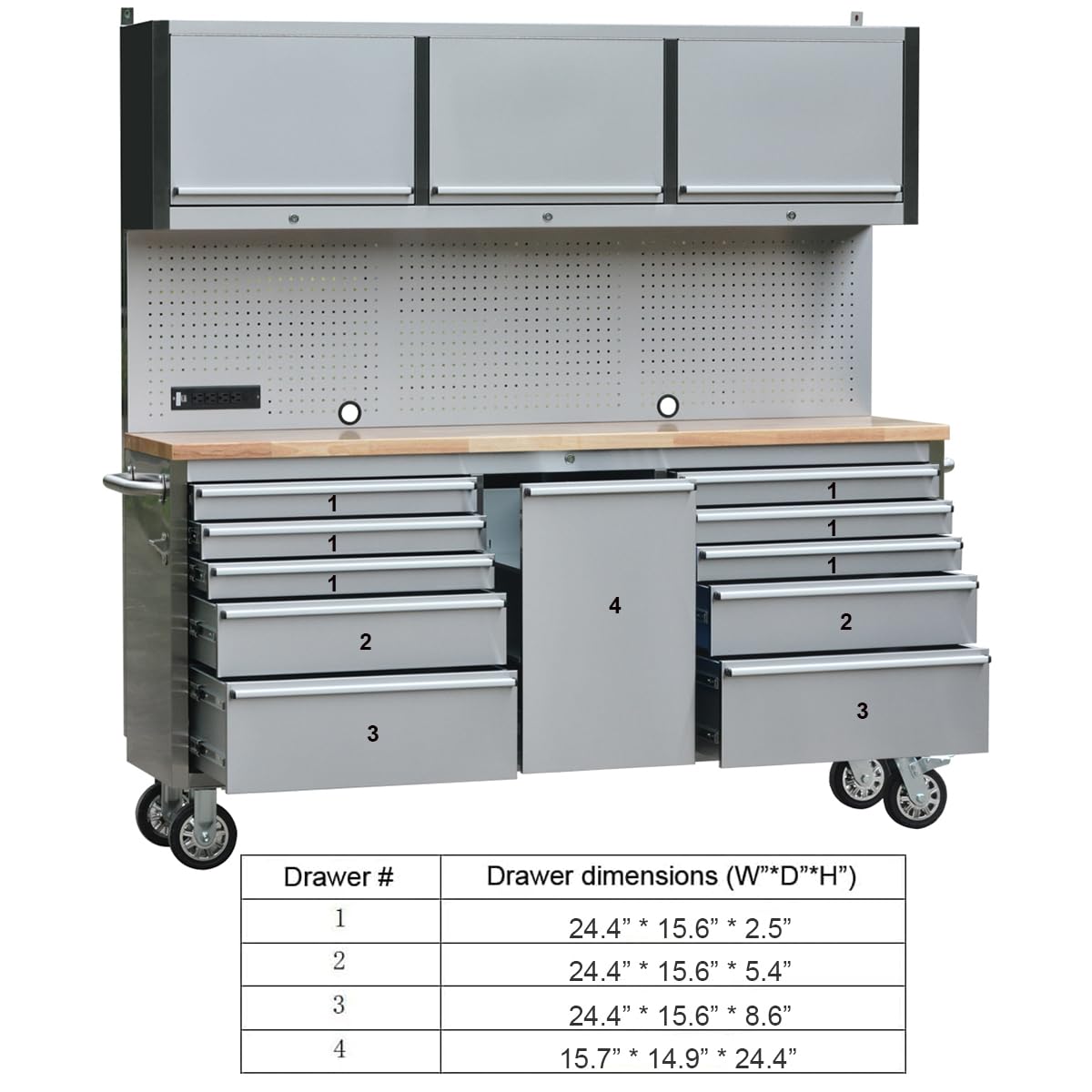 UYRIE 72" Stainless Steel Rolling Tool Chest with 11 Drawers + 3 Upper Cabinets, Large Lockable Storage Cabinet, Mobile Workbench with Wheels for Garage Workshop (1 × HTC7214W1)