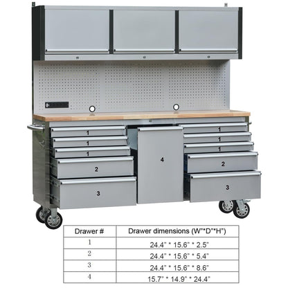 UYRIE 72" Stainless Steel Rolling Tool Chest with 11 Drawers + 3 Upper Cabinets, Large Lockable Storage Cabinet, Mobile Workbench with Wheels for Garage Workshop (1 × HTC7214W1)
